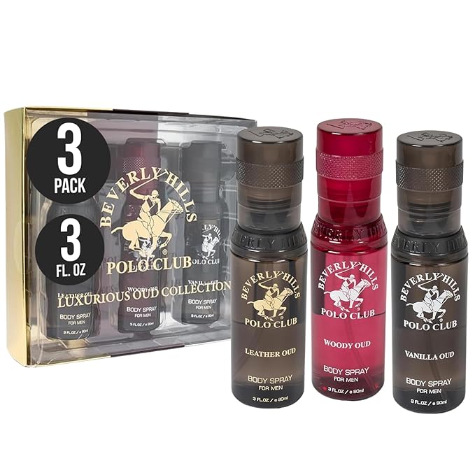 Beverly Hills Polo Club Mens Body Spray Gift Set - 3pc Collection of Oud Fragrances (Vanilla, Leather & Woody) in Sleek 3oz Bottles - Long-Lasting BHPC Cologne Body Sprays for Men