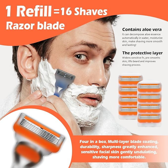 16 PCS Razor Blade Shaving Razor Blade Refills for Fusion 5, Mens Shaving Blades Refills-Orange New Version