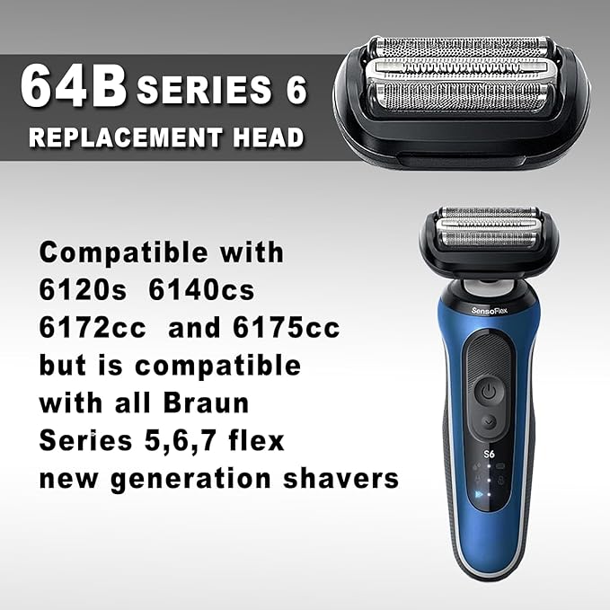 64B Series 6 Braun Electric Shaver Replacement Head Compatible with New Generation Series 6 Shavers 6120s, 6140cs, 6172cc, and 6175cc