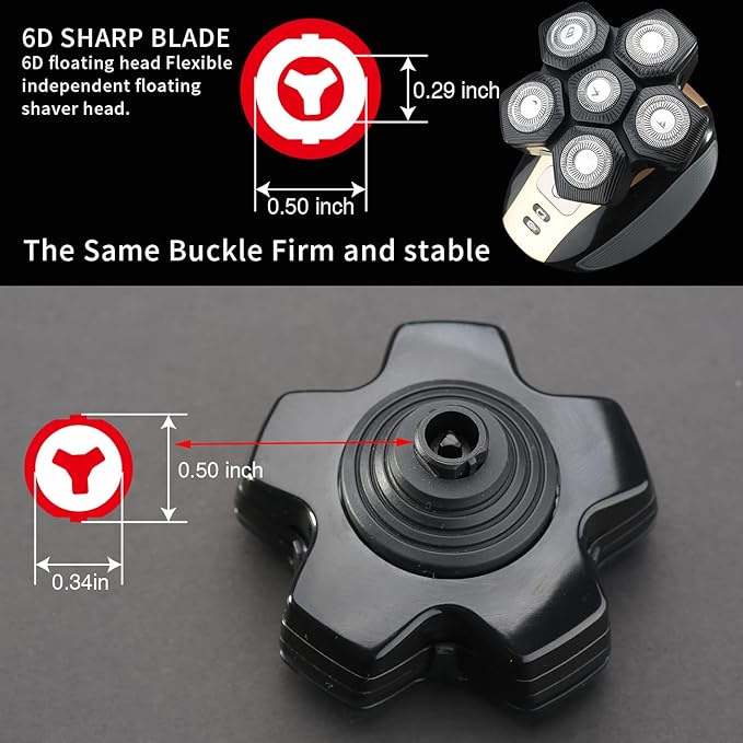 6D Black Electric Shaver Replacement Blade Head - Universal Magnetic Interface, 6 Blades