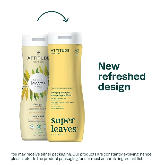 ATTITUDE Clarifying Hair Shampoo,EWG Verified,Restores Shine,Naturally Derived Ingredients,Vegan and Plant Based,Lemon Leaves and White Tea,16 Fl Oz,(Pack of 2)