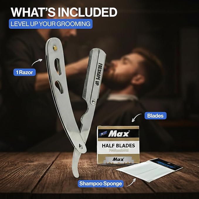 Professional Single Blade Razor for Men – Barber Straight Razor Safety Kit with 100 Single Edge Straight Razor Blades (4.4 cm) & 10 Hairline Wipes for Precise Shaving (Wooden Razor)