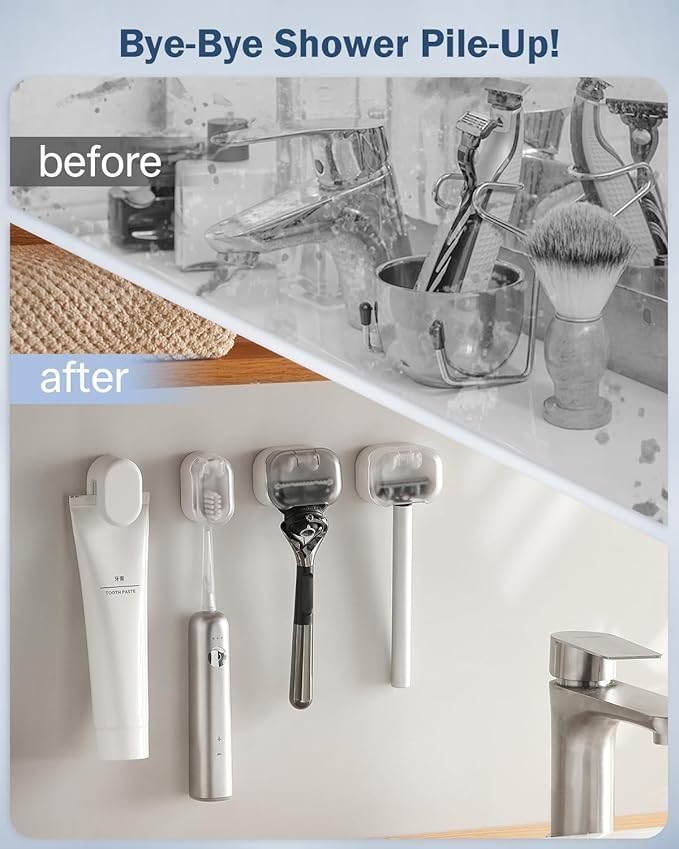 BEZOX Wall Mounted Razor Holder (2-Pack) – Auto-Closing Dust Cover, No-Drill Adhesive Mount Razors Hanger for Shower & Bathroom – Sleek Razor Stand for Men, Safety Razor Organizer with Secure Hooks