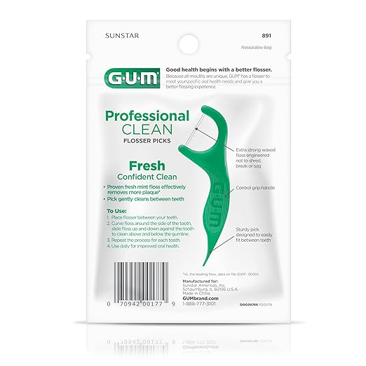 GUM Professional Clean Floss Picks - Extra Strong Shred-Resistant Floss, Easy Grip Handle - Dental Flossers for Adults - Fresh Mint Flavor, 90 Count (Pack of 2)