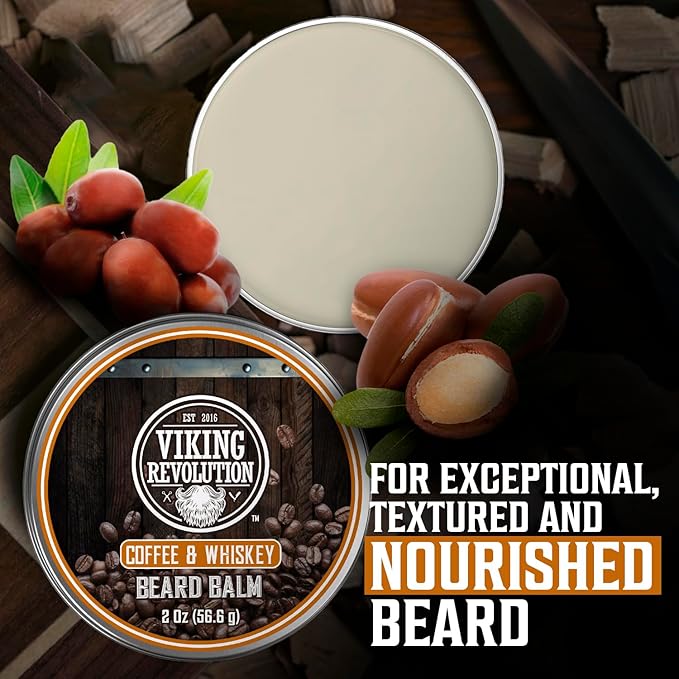 Viking Revolution Coffee Whiskey Beard Balm for Men - Beard Butter for Men with Argan Oil and Jojoba Oil Softener and Moisturizer Styling Balm (1 Pack, 2oz)