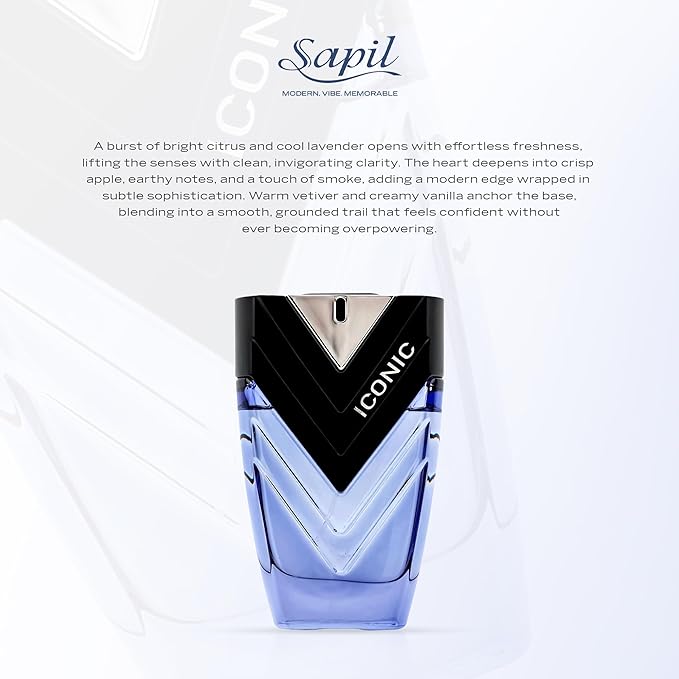 Sapil Iconic Eau de Parfum for Men –Long-Lasting Dubai Perfume–Woody Aromatic Scent with Lavender, Lemon, Patchouli & Vetiver–3.4 Oz (100ml)–Premium Arabic Perfume for Men, Gift for Any Occasion