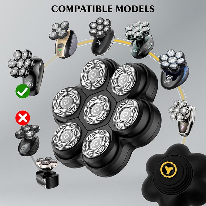 Head Shaver Replacement Heads Magnetic 7 Blades Razor Replacement Blades Compatible with Freebird Shaver & Other Brands (hmblack7)