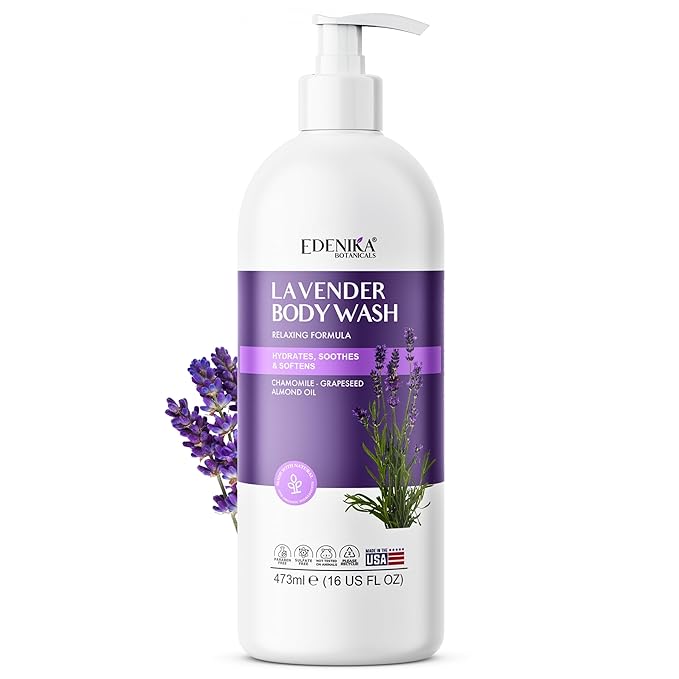 Edenika Lavender Body Wash with Vitamin E, Cleanses, Relaxes & Moisturizes, Stress Relief Shower Gel for Dry and Sensitive Skin, Women & Men, Organic & Natural, 16 fl oz