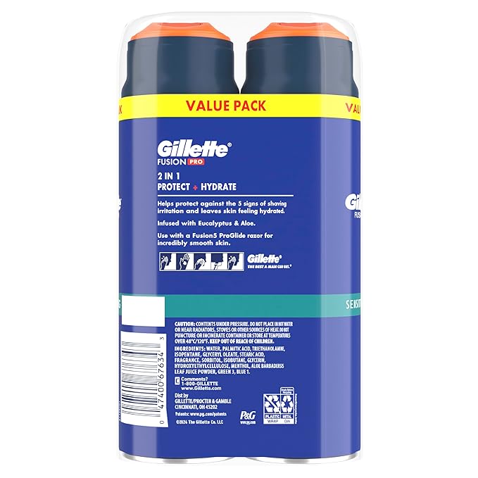 Gillette PRO Shaving Gel For Men Cools To Soothe Skin And Hydrates Facial Hair, TWIN PACK - Total 14oz, ProGlide Sensitive 2 in 1 Shave Gel