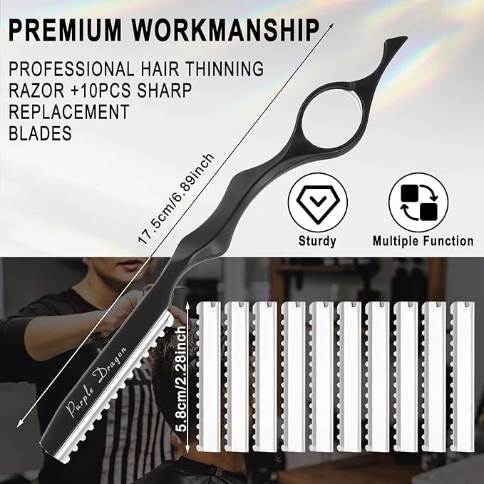 Stainless Steel Hair Cutting Razor6.89",Professional Thinning Razor for Hair Cutting with 10 Pcs Sharp Blades,Razor for HairCutting,Suitable for Salon and Home (Black)