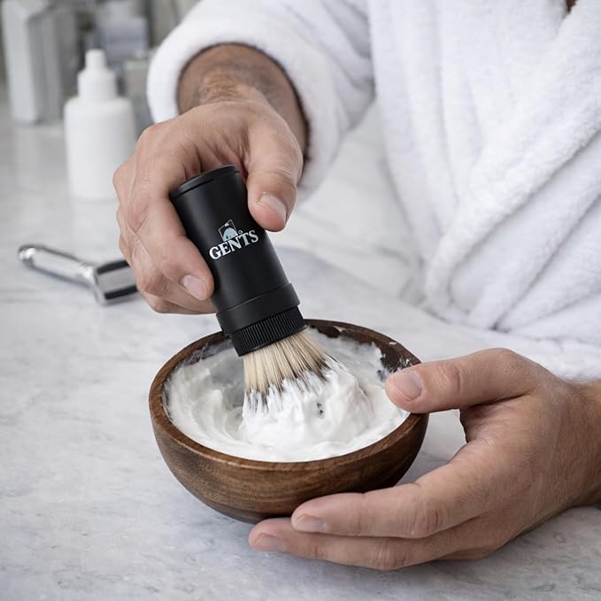 GENTS Travel Shaving Brush with Collapsible Canister – Synthetic Bristles, Compact Portable Wet Shaving Brush for Men, Chrome-Style Travel Grooming Brush for Home, Gym & Hotel Use (Black, 6 Inches)