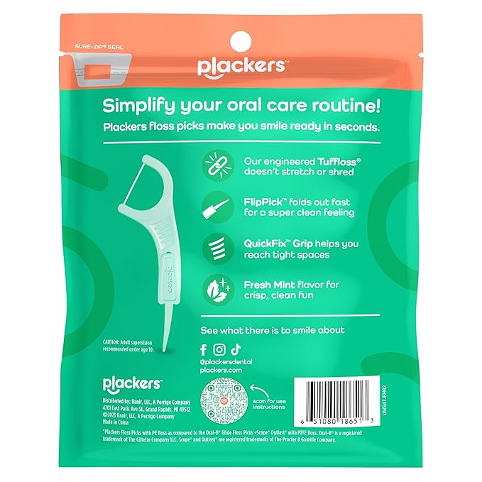 Plackers Micro Mint Dental Flossers, Fold-Out Toothpick, Super Tuffloss, Easy Storage with Sure-Zip Seal, Fresh Mint Flavor, 150 Count (Pack of 4)