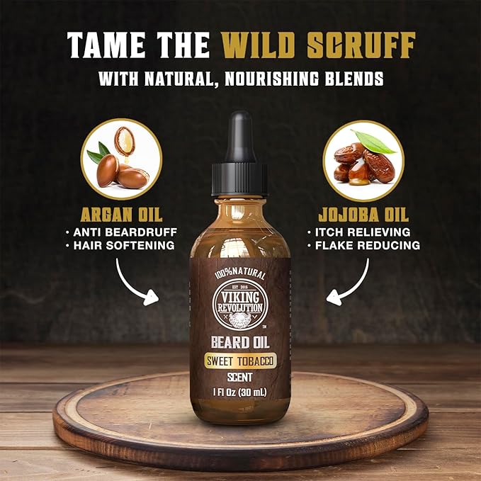 Viking Revolution Sweet Tobacco Beard Oil for Men - Natural Mens Beard Oil with Argan Oil and Jojoba Oil - Beard Softener, Strengthens and Moisturizes - Beard Conditioner for Men (Sweet Tobacco,1Pack)