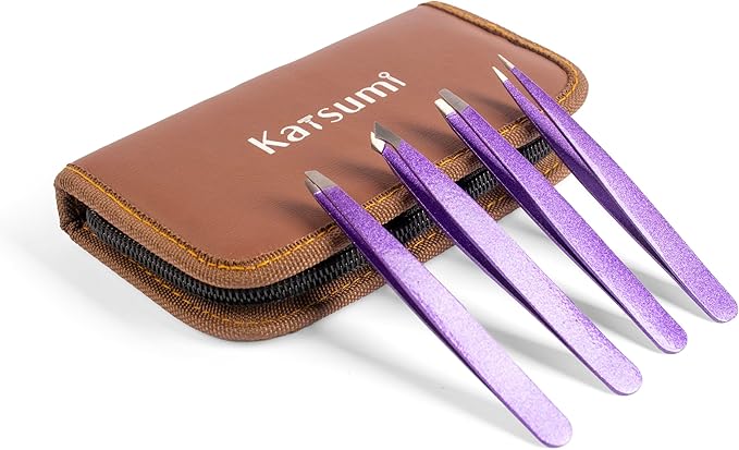 Katsumi Pinnacle 4-Piece Tweezers Set – Precision Stainless Steel Tweezers for Eyebrows, Facial Hair, Ingrown Hair, Splinters – Professional Beauty Kit Purple Glitter