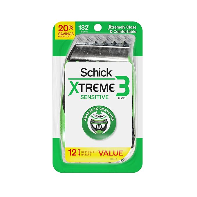 Schick Xtreme 3 Original Sensitive Disposable Razors for Men | Disposable Mens Razors for Shaving Sensitive Skin, 12ct