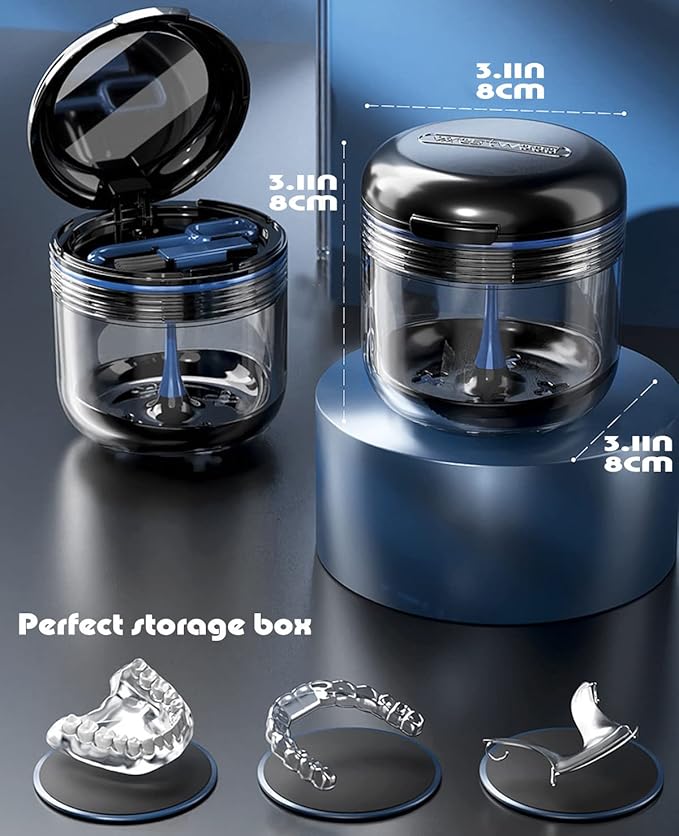 MURRI&MURRDI Denture Bath Case Holder with Mirror & Strainer Basket, Retainer Mouth Guard Soak Container Box, Braces Cleaner Cup, Travel Cleaning Storage for Aligners Dental, Dark Blue