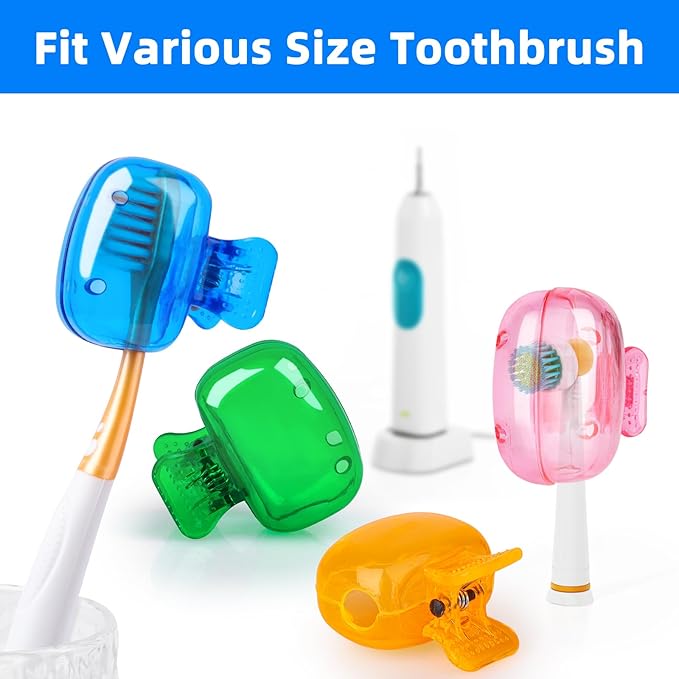 Hxezoc 4 Pack Travel Toothbrush Head Covers Toothbrush Protector Cap Brush Pod Case Protective Portable Plastic Clip for Household Travel, Bathroom, School, Camping, Business