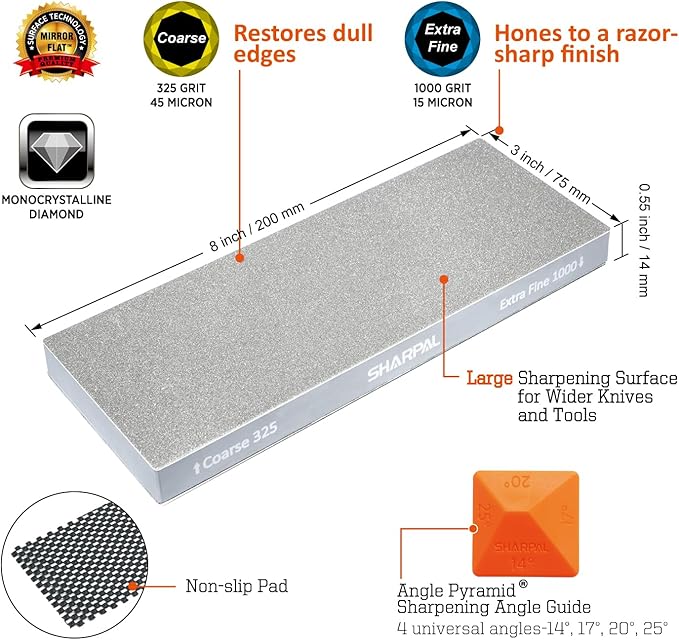 SHARPAL 168H Large 8" x 3" Dual-Grit Diamond Sharpening Stone – Coarse 325 & Extra-Fine 1000 Grit Monocrystalline Diamond Whetstone, Professional Knife Sharpener with Anti-Slip Pad and Angle Guide