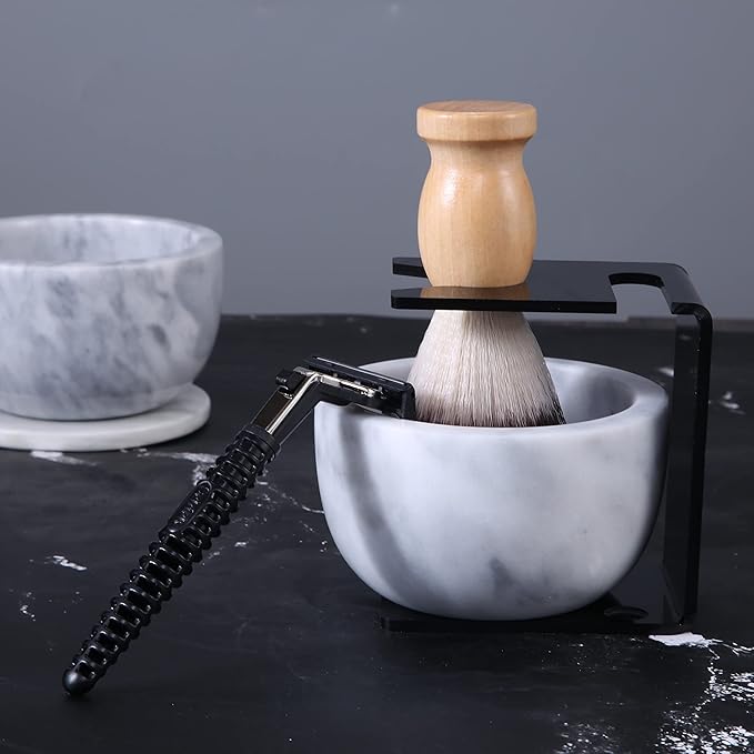 Marble Shaving Bowl for Shaving Soap & Cream, Shave Soap Cup Keep Warm Better, Produce Rich Foam Shaving Mug, Easy to Lather, Shaving Cup Gift for Men(White Grey)