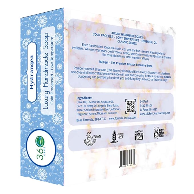 360Feel Hydrangea Soap - Made in the USA - Castile Handmade All Natural Cold Processed - Infused with Hydrangea Scent for Gentle Cleanse & Rich Moisturizing Lather (5 oz)