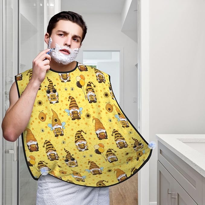 Men's Shaving Accessory Funny Honeybee Gnomes Bee Sunflower Yellow Flowers Floral, Waterproof Beard Apron with Hair Catcher & Suction Cups