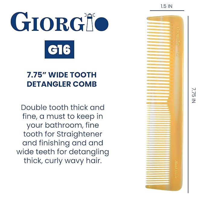 Giorgio GIVY16 Fine and Wide Tooth Handmade Detangler Comb - Hair Styling and Detangling Saw Cut Barber Comb for Men and Women