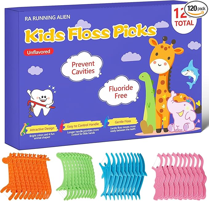 120 Count Kids Flossers,Fun Floss Sticks Fluoride & PFA Free Toothpick Flossing Sticks,4 Cute Animal-Shaped Dental Floss Picks for Kids,Non Toxic Floss with Anti-Slip Handle