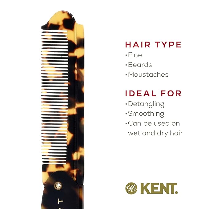 Kent 82T TY Handmade Folding Pocket Comb for Men, Fine Tooth Hair Comb Straightener for Everyday Grooming Styling Hair, Beard or Mustache, Use Dry or with Balms, Saw Cut Hand Polished, Made in England