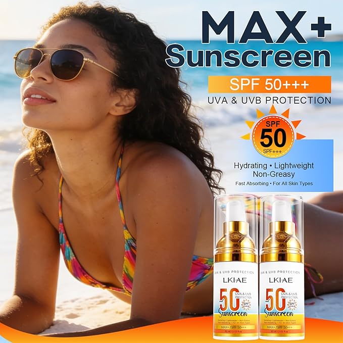 LKIAE Spf 50+ Sunscreen, UVA, UVB Protection, Prevent Sunburn, Skin Darkening, Pigmentation, Anti-Wrinkles, With Aloe Vera, Travel Size, 2 oz (Pack of 3)