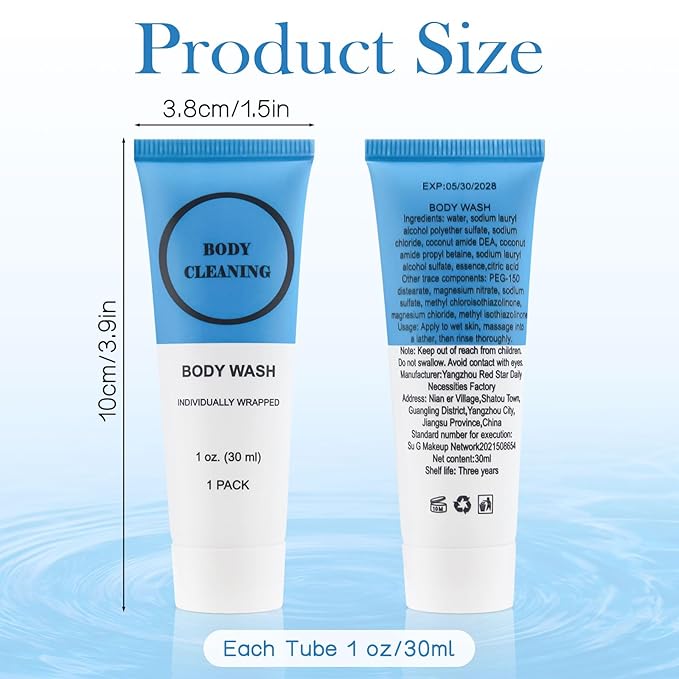 Travel Size Body Wash, Individually Wrapped Bulk 1 oz/30 ml Mini Shower Gel Set Trial Sample Small Single Use Toiletries Amenities Kit for Men & Women for Hotel/Camping/Vacation/Homeless (60 Pack)