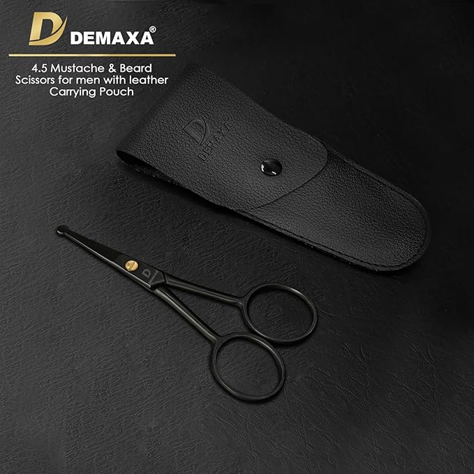 4.5" Round Tip Safety Mustache Scissors Beard Scissors with 1 Mustache Comb, 1 Beard Comb & Soft Pouch – Best Facial Hair Shears for Beard Mustache Trimming Nose & Ear Hair
