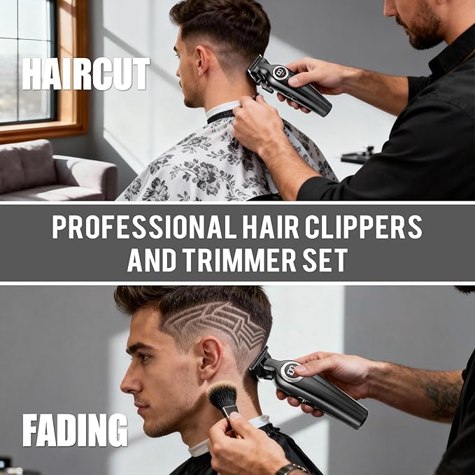 Professional Hair Clippers for Men,Cordless Barber Clippers and Trimmers Set with LED Display, Rechargeable Mens Electric Beard Trimmer,Self Haircut Fade Kit & Clipper Oil