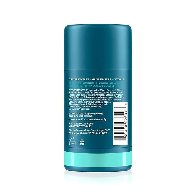 Oars + Alps Deodorant for Men & Women, Aluminum Free Deodorant for Men, Dermatologist Tested, Clean Ingredients, Non Toxic, Vegan, Long Lasting, Deep Sea Glacier, 1pk, 2.6oz