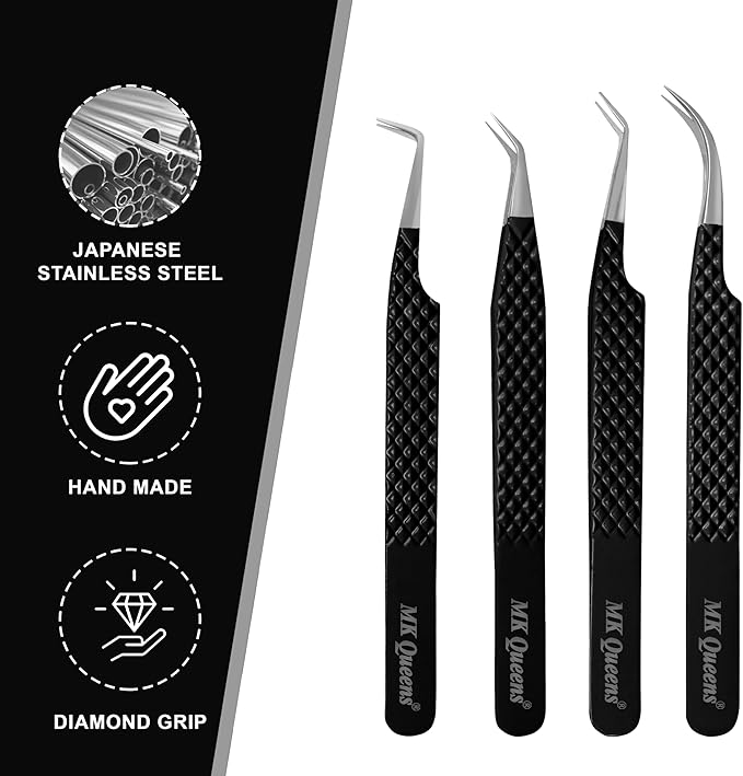 Fiber Tip Lash Tweezers for Eyelash Extensions with Diamond Grip, Set of 4 Precise Tips Japanese Steel for Classic, Volume & Mega Volume Lashes, Ideal Tweezers Set for Lash Artists (4, Black)