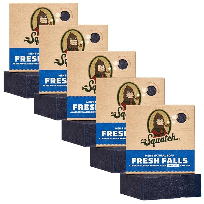 Dr. Squatch Natural Bar Soap for Men - Cold Process Soap with No Harsh Chemicals - Fresh Falls (5 oz, 5-Pack)