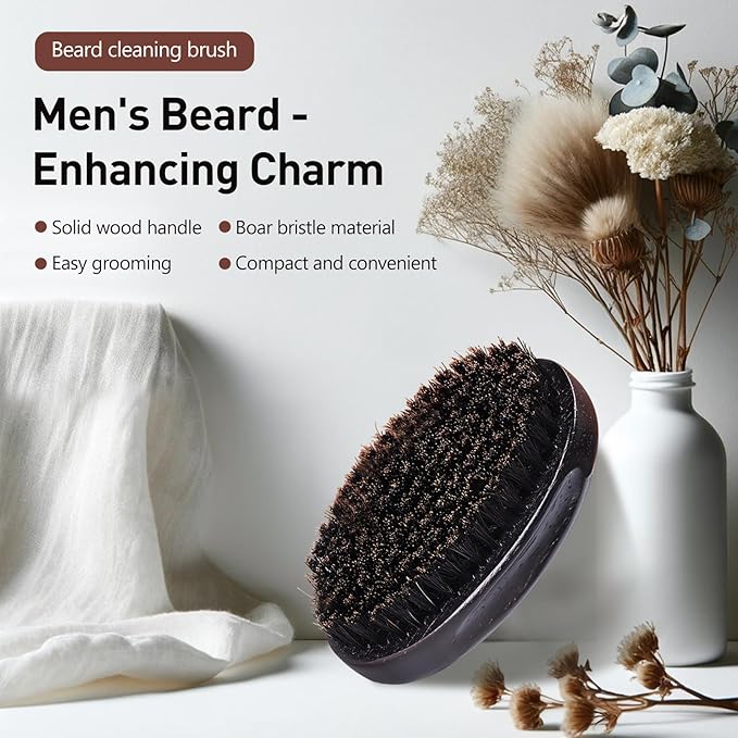 Men's Boar Bristle Beard Brush with Wooden Handle - Pocket Size for Mustache and Beard Grooming (Black)