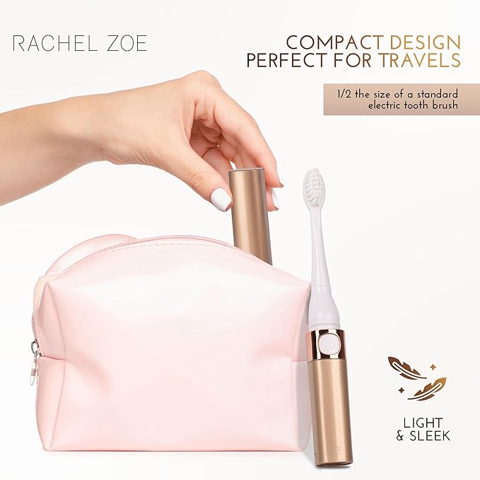 Rachel Zoe Portable Electric Toothbrush for Adults, Battery Operated Compact Sonic Tooth Brush for Trips, Waterproof Travel Toothbrush with Cover, 2 Removable Brush Heads Included, Rose/Gold/White