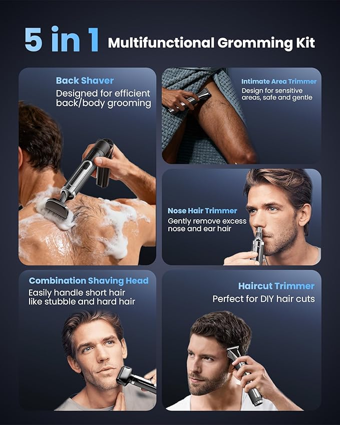 Electric Back Shaver for Men, 5 in 1 Mens Back Shaver, Cordless Back Hair Trimmer for Men with Extendable Long Handle, Self-Service Body Groomer Razor with Wider Blade