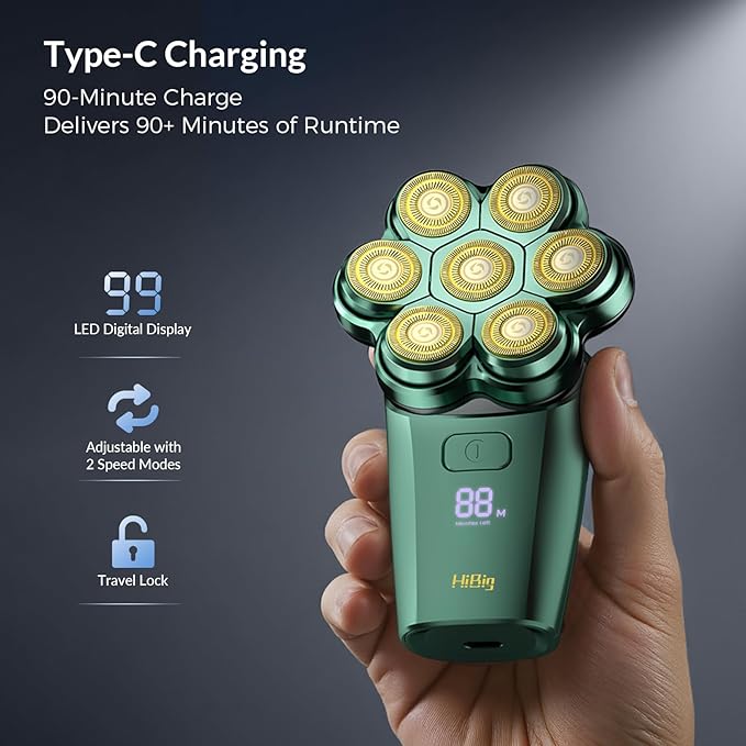 Head Shavers for Bald Men - 7D Arc Magnetic Detachable Electric Razor, Waterproof Wet Dry 5-in-1 Electric Shaving & Grooming Kit, LED Display Rechargeable Head & Body Hair Shaver, Green