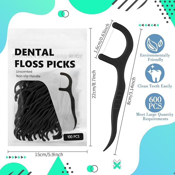 Baderke 200 Count Floss Picks Bulk Non Breakable Tooth Picks Flosser Dental Floss Sticks for Adults Teeth Cleaning Dental Flossers for Family Pack Travel (Black)