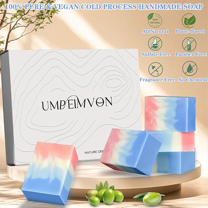 5 Pack Castile Soap Natural Olive Oil Soap Bar, 72% Olive and 18% Coconut Oil Handmade and Cold Process Ideal for Face, Body and Shave, Moisturize and Soften Skin, 3.53 oz