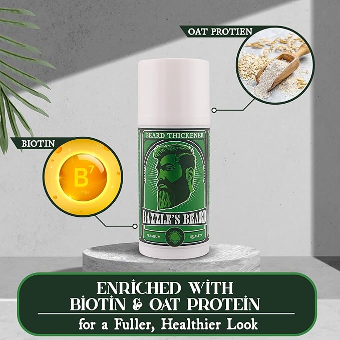 Bazzle's Beard Thickener – Beard Growth Kit & Balm with Biotin for Hair Growth for Men, Infused with Oat Protein for Medium Hold and Light Fragrance, Facial Hair & Mustache Styling Balm Conditioner