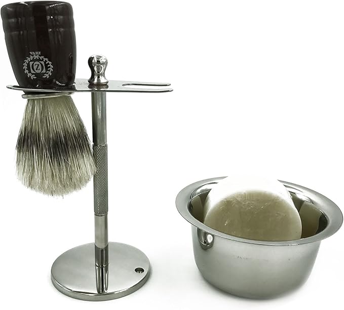 Deluxe Chrome Razor and Brush Stand - The Best Safety Stand This Will Prolong Life Of Your Shaving with Pure Bristle Drip Mens Gift Set Stainless Steel Finish Bowl Mug Hypo Allergic Soap Shaving Brush
