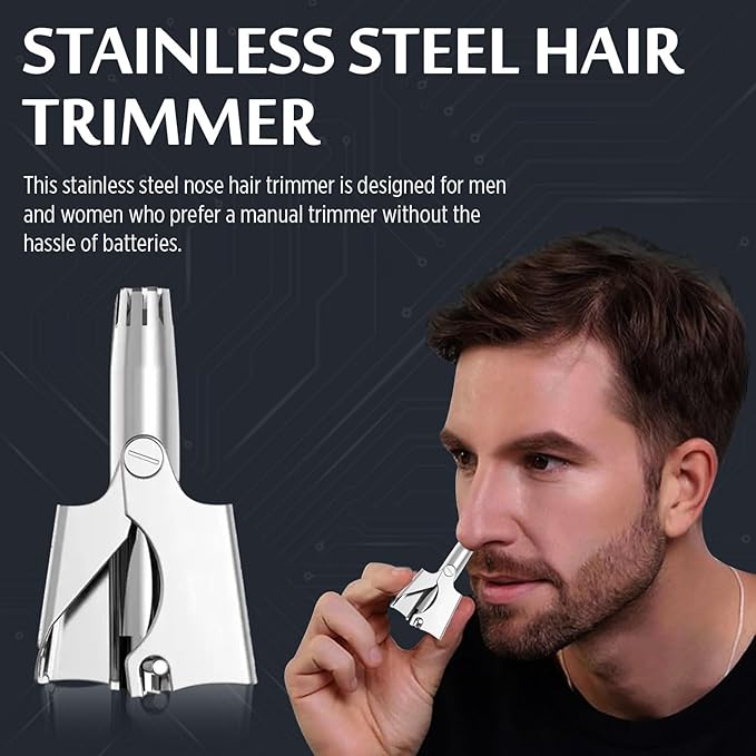 Stainless Steel Hair Trimmer for Men and Women | Manual Nose and Ear Hair Trimmer | Nose Clippers, 360° Rotating Hair Trimmers | Washable Nose Hair Remover | Silver