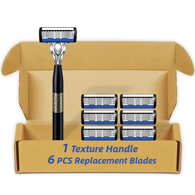 7-Blade Razor for Men, Men's Manual Refill Cartridges Razors Kit, Dual Lubrication Precision Beard Trimmer, Safety Men's Shaving Essentials Kit for Smooth and Comfortable Shave (1 Razor + 6 Blade)