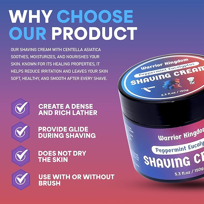 Warrior Kingdom Shaving Cream - Peppermint Eucalyptus. Refreshing Scent. Rich Creamy Lather for the Smoothest Shave. For face, head and body. Gentle, non irritating formula for all skin types.