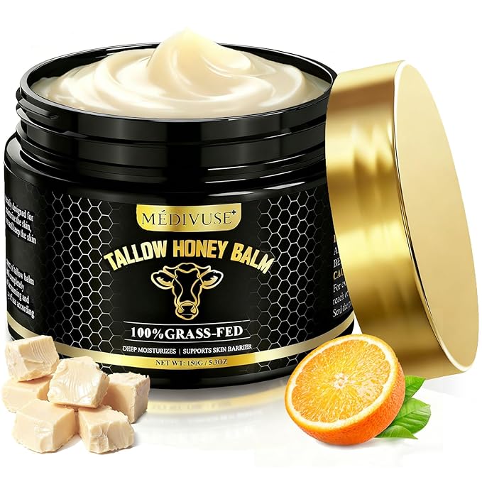 Tallow and Honey Balm - 100% Grass-Fed Beef Tallow for Skin with Organic Raw Honey - Deeply Moisturizing Beef Tallow for Face Body - Natural Formula Care for Dry & Sensitive Skin (5.3 OZ), Citrus