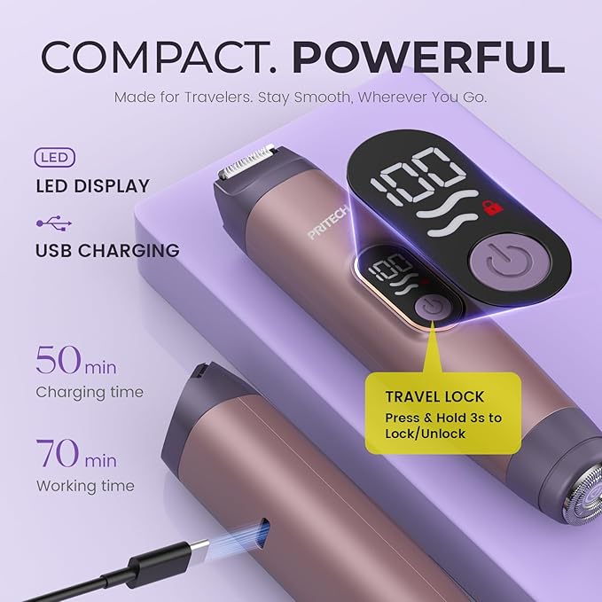 PRITECH Bikini Trimmer for Women, 2-in-1 Painless Electric Razors for Silk Skin, Portable Lady Shaver for Women Private Area, Face, Legs & Underarms, Wet/Dry LED
