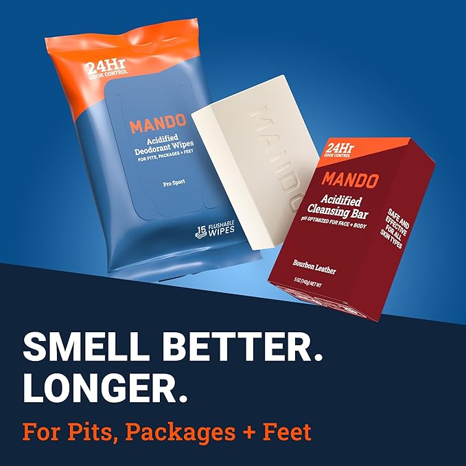 Mando Whole Body Deodorant 3 pc System - 2.6oz Smooth Solid Stick, 5.0oz 4in1 Acidified Cleansing Bar, & 15ct Deodorant Wipes - Aluminum & Baking Soda Free Odor Control - 3 pc Bundle (Bourbon Leather)