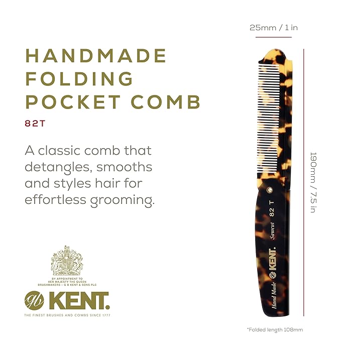 Kent 82T TY Handmade Folding Pocket Comb for Men, Fine Tooth Hair Comb Straightener for Everyday Grooming Styling Hair, Beard or Mustache, Use Dry or with Balms, Saw Cut Hand Polished, Made in England